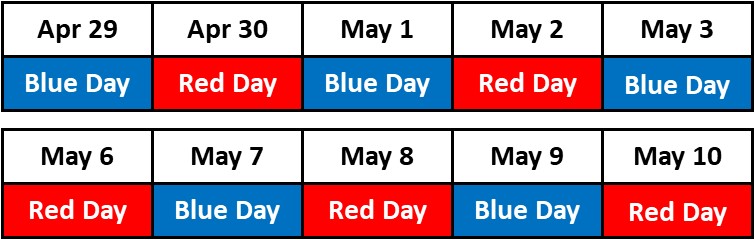 Red days: April 30, May 2, May 6, May 8, May 10; Blue Days: April 29, May 1, May 3, May 7, May 9;